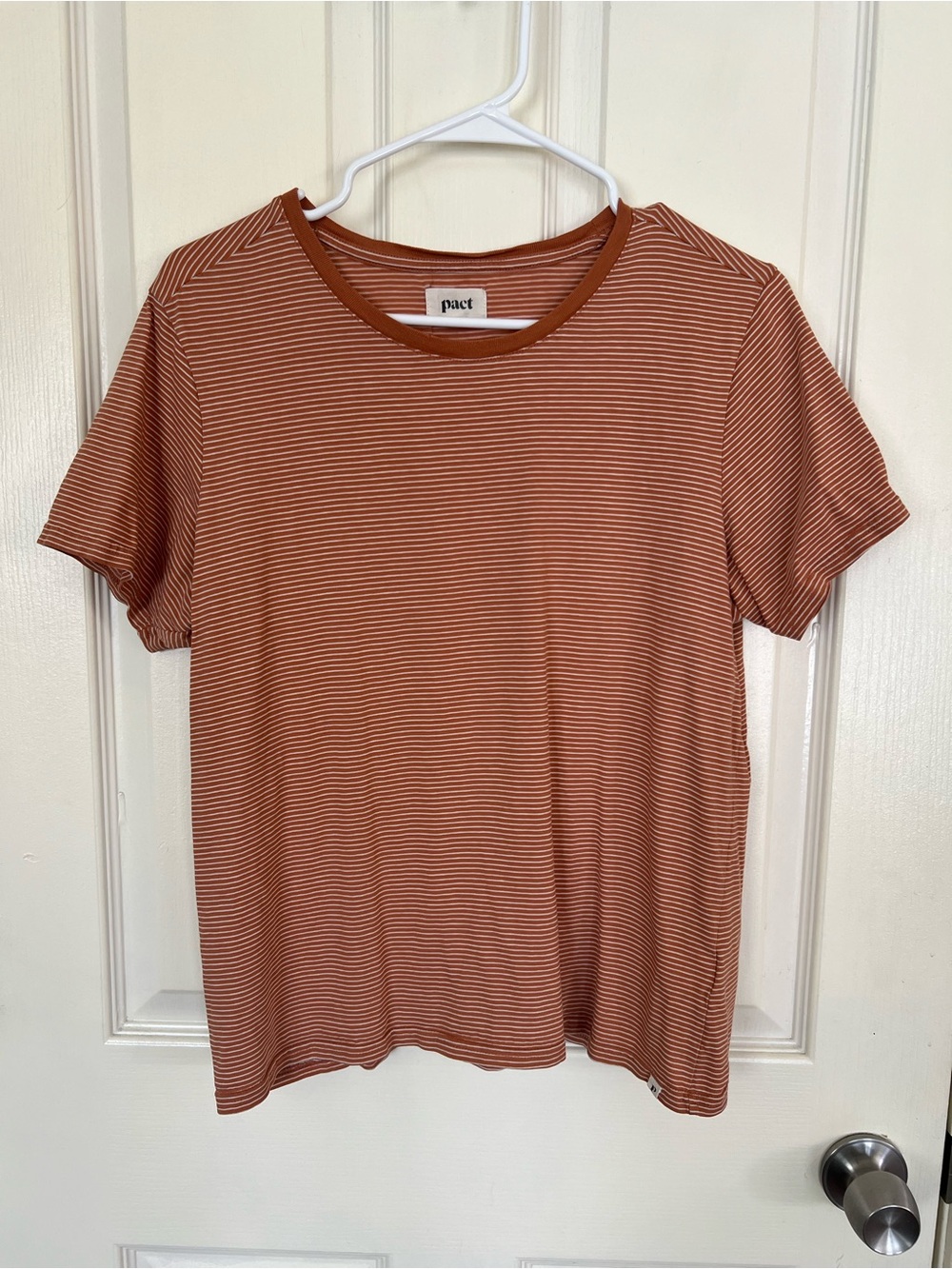 Pact Organic Cotton Rust White Striped Crewneck T-Shirt Women’s L